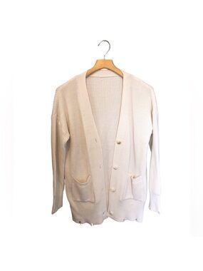 White Ripped Hem Knit Cardigan Sweater With Pockets Large EUC